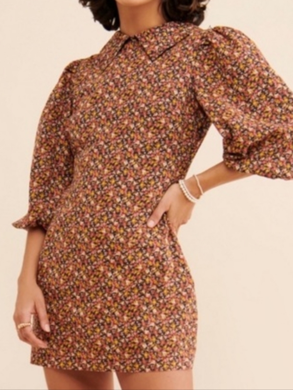 Free People Making Plaints Mini Floral Dress Brown Pink Lined Peter Pan Collar 2